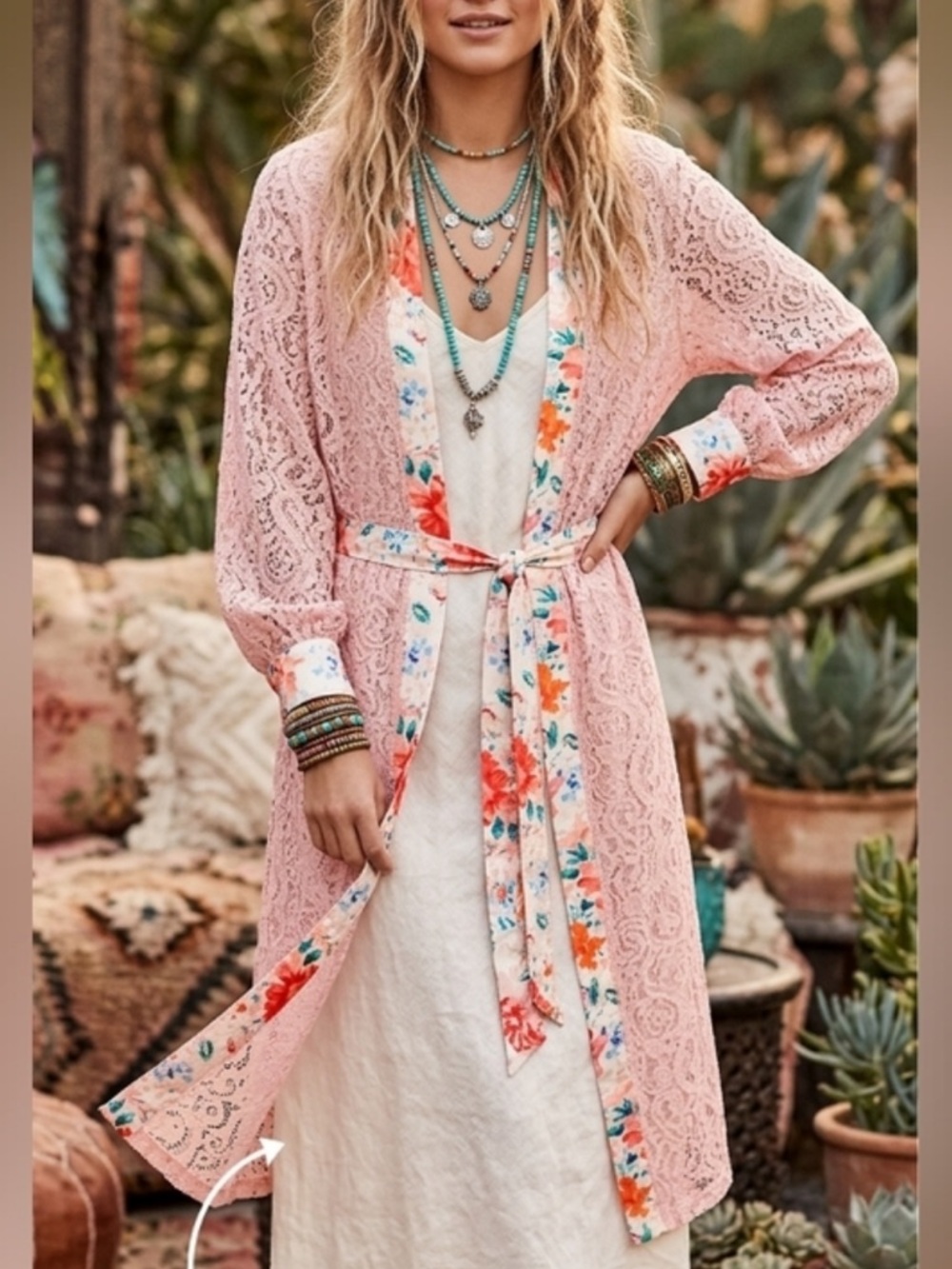 POL Pink Lace Belted Kimono Cardigan Top with Floral Trim NWOT $98